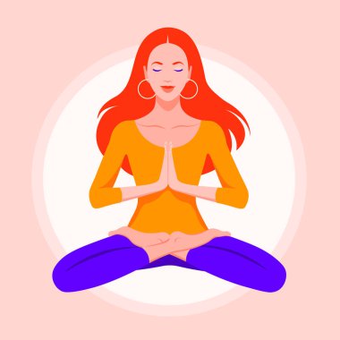Genç bir kadın lotus pozisyonunda oturur ve meditasyon yapar. Kız yoga yapıyor ve havada duruyor. Vektör düz resimleme