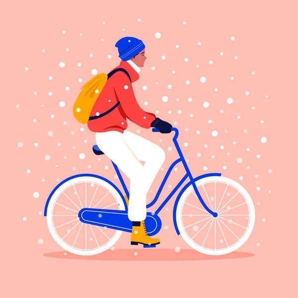 Nastolatek Jeździ Rowerze Pod Śniegiem Zimą Wektor Płaska Ilustracja — Wektor stockowy