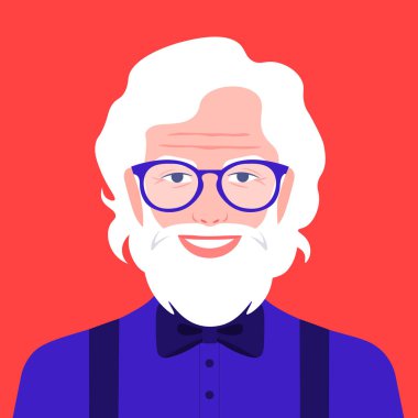 Sakallı ve gözlüklü yaşlı bir adamın portresi. Avatar mutlu büyükbaba. Sosyal ağlar. Vektör düz resimleme