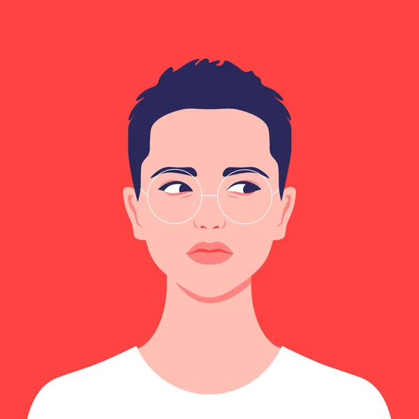 Portrét Krátkosrsté Dívky Androgin Něj Zadíval Rozmanitost Avatar Pro Sociální — Stockový vektor