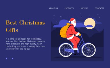 Noel Baba kar altında hediye dolu bir çantayla bisiklete biner. Noel gecesi. İniş sayfası ve web sitesi şablonu. Vektör düz resimleme