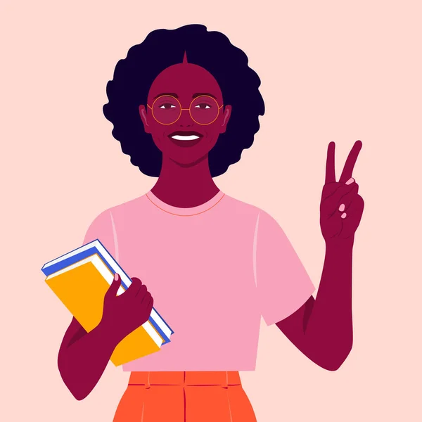 一个非洲女孩笑了 并展示了胜利的标志 带着书本的快乐学生 手举起来 矢量平面插图 — 图库矢量图片