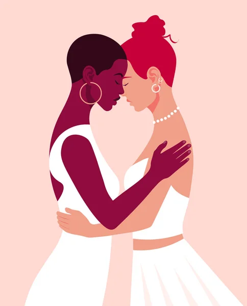 Beyaz elbiseli iki kadın birbirine sarılıyor. Lgbt düğünü. Bir çift lezbiyen aşık. Vektör düz resimleme