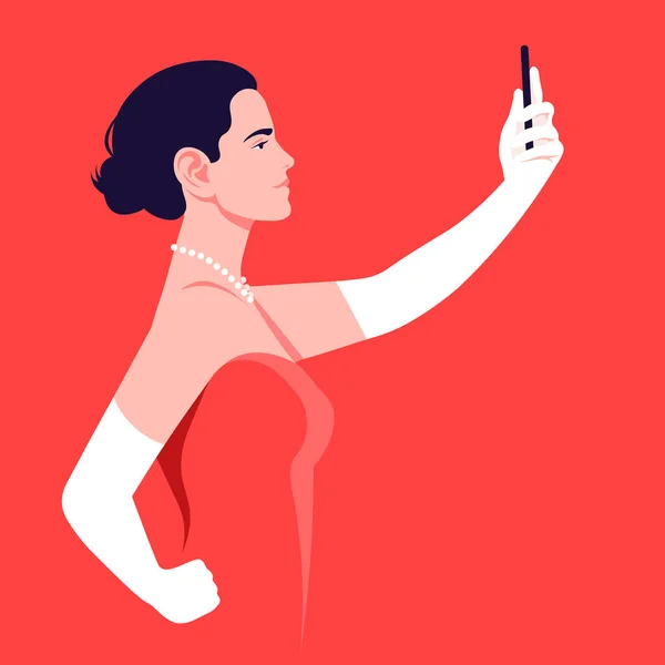 Krásná Žena Vezme Selfie Drží Svůj Smartphone Ruce Blogger Vyfocen — Stockový vektor