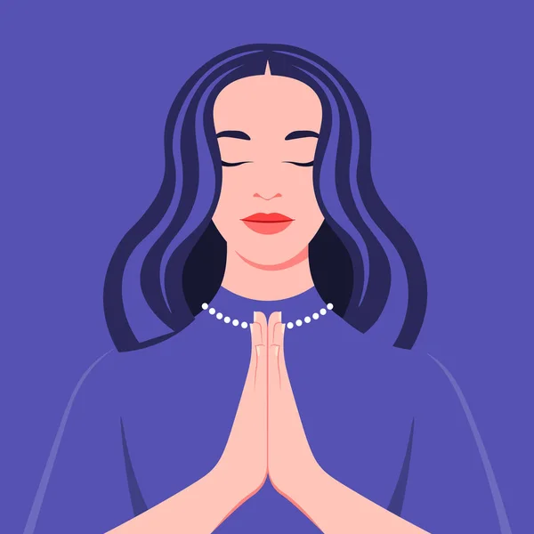 Young Woman Prays God Portrait Girl Closed Eyes Temple Vector — Stock Vector