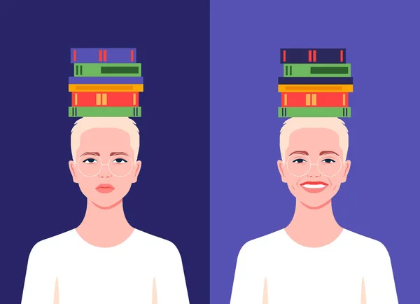 Student Books His Head Sad Cheerful Difficulty Preparing Exams Successful — Stok Vektör