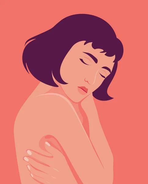 Love Yourself Care Your Body Asian Woman Hugs Herself Relaxation — 스톡 벡터