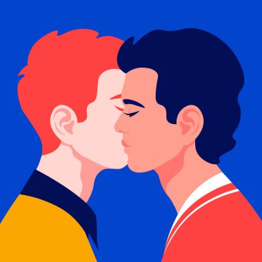 Profilde iki genç adam var. Profildeki homoseksüel çift. Lgbt. Vektör düz resimleme