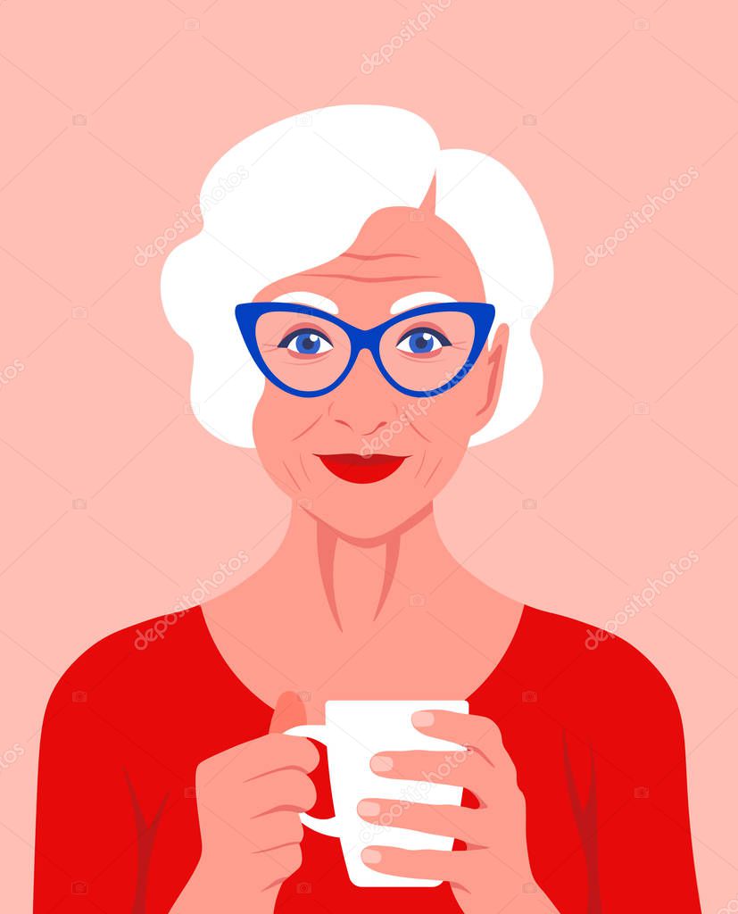 An elderly woman holds a cup in her hands and smiles. Psychology. Rest at home. Vector flat illustration