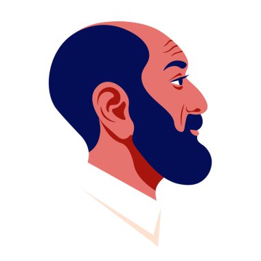 Profilde siyah sakallı kel bir adamın kafası. Arap işadamı profili. Sosyal ağlar için Avatar. Vektör düz resimleme
