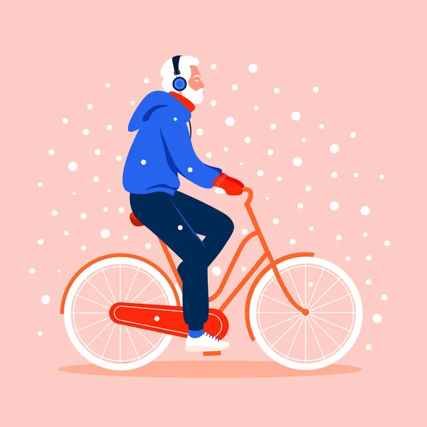 Velho Monta Uma Bicicleta Sob Neve Desporto Inverno Avô Ilustração — Vetor de Stock