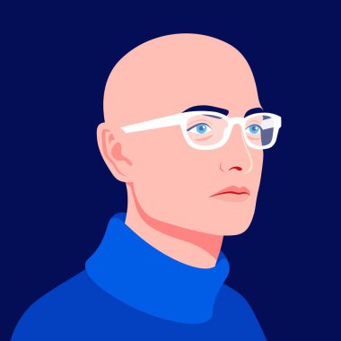 Yarım dönüşle genç ve kel bir adamın portresi. Sosyal ağ için profesyonel avatar. Şık gözlüklü bir işadamının başı. Vektör düz resimleme