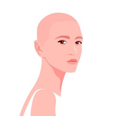 Kafkasyalı genç bir kadının portresi. Kel kız model. Moda ve alopecia. Düz biçimdeki parlak vektör illüstrasyonu