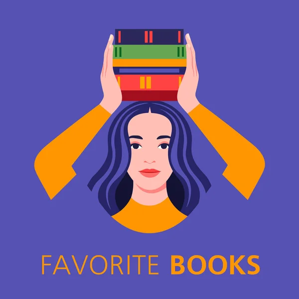 Kafasında Kitaplarla Genç Bir Kadının Portresi Kitapçı Kütüphane Sınavların Arifesinde — Stok Vektör
