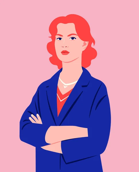 Kızıl Saçlı Bir Kadının Portresi Kollarını Kavuşturup Elbisesi Giymiş Ofis — Stok Vektör