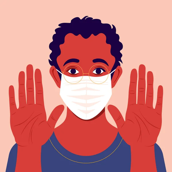 Man Draagt Een Masker Met Open Handpalmen Naar Voren Coronavirus — Stockvector