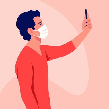 Tıbbi maske takan genç bir adam selfie çeker ve akıllı telefonu elinde tutar. Coronavirus. Bir blogcu. Salgın ve salgın. Vektör düz resimleme