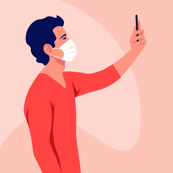 Joven Usa Máscara Médica Toma Una Selfie Tiene Smartphone Mano — Archivo Imágenes Vectoriales