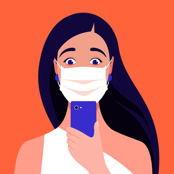 Menina Chocada Adulto Usa Máscara Médica Olha Para Seu Smartphone — Vetor de Stock
