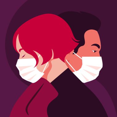 İnsanların profilleri. Tıbbi maske takan kadın ve erkek yüzleri. Tarih ve salgın. Coronavirus. Uzakta aşk. Karı koca. Vektör düz resimleme