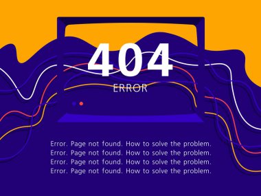 Hata 404. Sayfa bulunamadı. Laptop ya da kablolu bilgisayar monitörü. Web sitesi ve iniş sayfası. Renk vektörü düz illüstrasyon