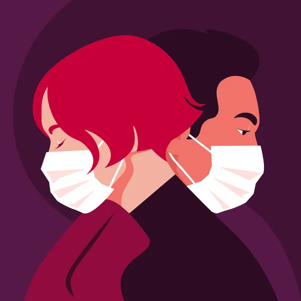 Profili Ludzi Twarze Kobiet Mężczyzn Noszą Maski Medyczne Data Epidemia — Wektor stockowy