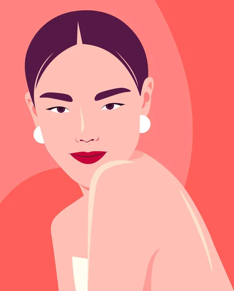 Retrato Uma Jovem Mulher Asiática Modelo Moda Ilustração Vetorial Brilhante — Vetor de Stock