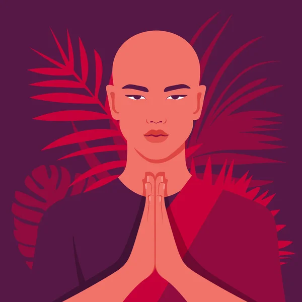 Portrait Asian Young Bald Man Hand Gestures Greeting Prayers Buddhism — Stock Vector