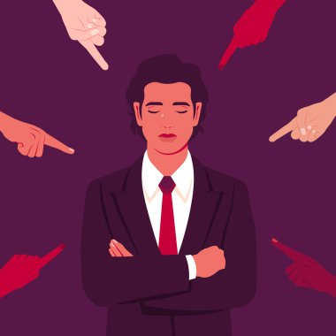 Utanç verici. Farklı insanların elleri genç adamı işaret ediyor. Ağlayan iş adamının portresi. İflas etti. Farklı görüşler ve toplumun baskısı. Vektör düz resimleme