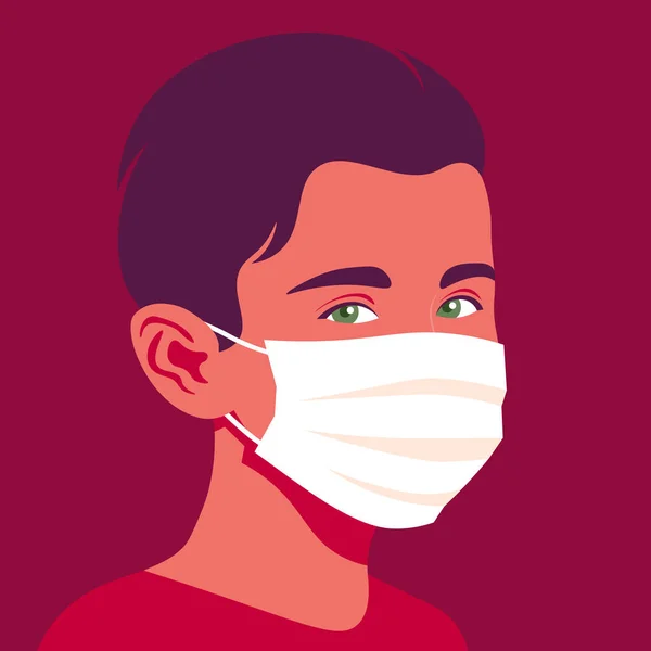 Retrato Rapaz Com Máscara Médica Rosto Uma Criança Avatar Uma — Vetor de Stock