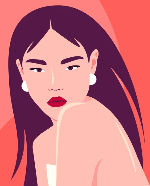 Retrato Uma Jovem Mulher Asiática Rapariga Modelo Moda Beleza Ilustração — Vetor de Stock