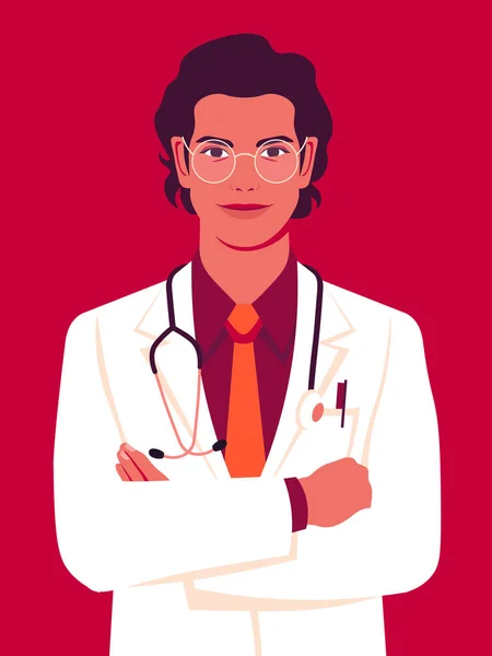 穿着医疗服的年轻医生专业的肖像 在医院或诊所工作 平面风格的概念向量说明 — 图库矢量图片