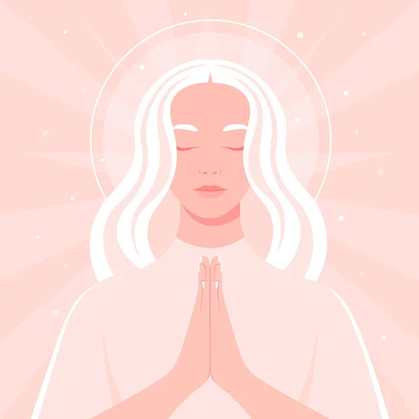 一个年轻的女人向上帝祈祷 在庙宇里闭着眼睛的女孩的画像 矢量平面插图 — 图库矢量图片
