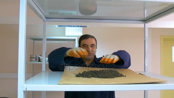 Worker preparing soil for laboratory — Stock Video