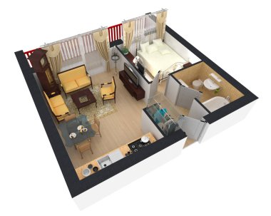 3D render döşenmiş ev daire