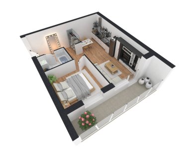 3D render döşenmiş ev daire