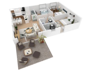 3D render döşenmiş ev daire