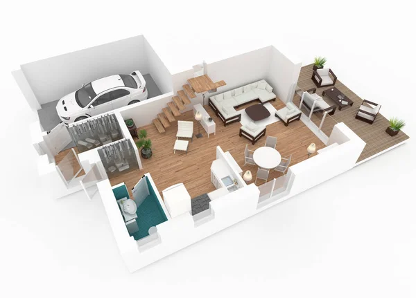 3d representación de apartamento en casa amueblado — Foto de Stock