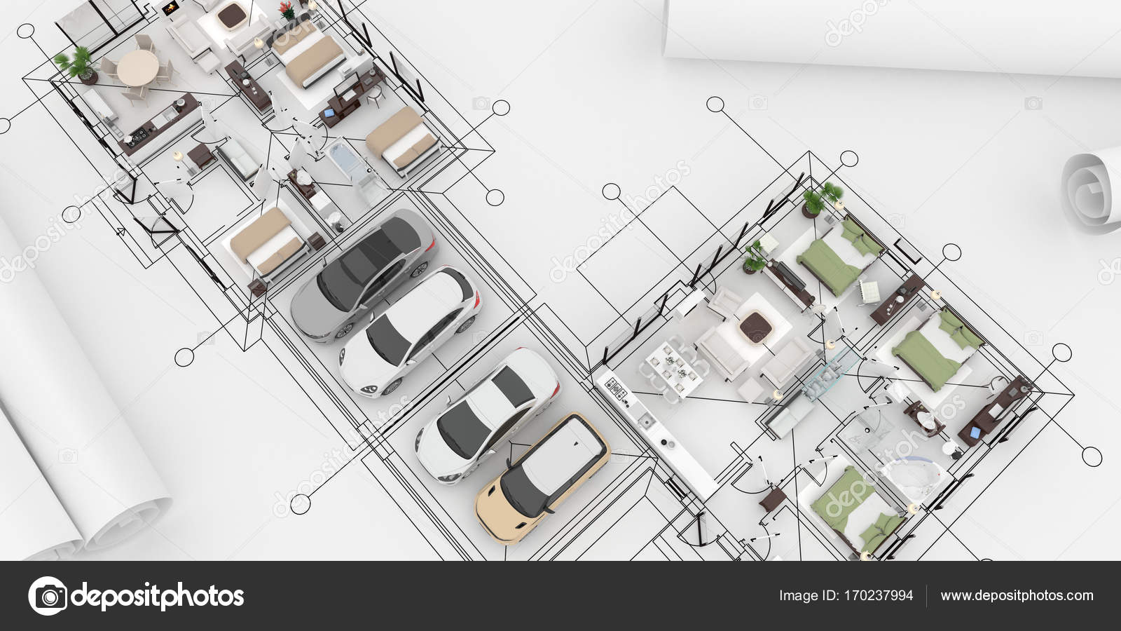 Graphical Plan Of House With Furniture And Blueprint Rolls Stock