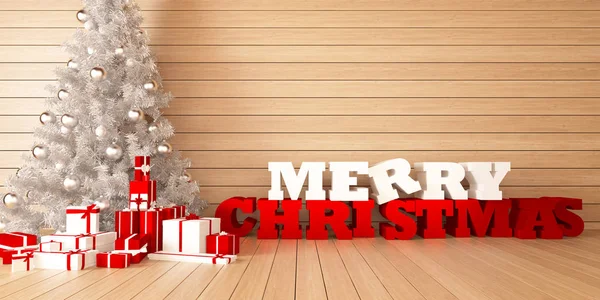 Pohlednice Veselé Vánoce vánoční stromek a dárky na dřevěné laďěnou — Stock fotografie
