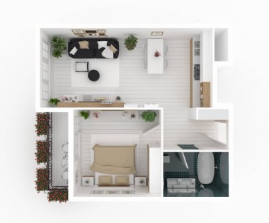 3d ev daire illüstrasyon mobilyalı