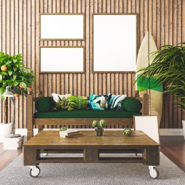 Tropikal iç, Hawaii tarzı 3d render