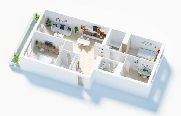 Möblerad Lägenhet Med Hem Render — Stockfoto