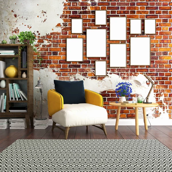 Cozy Interior Poster Mock Old Brick Wall — Stock Photo, Image