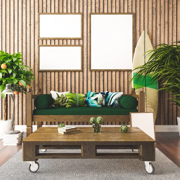 Tropikal iç, Hawaii tarzı 3d render