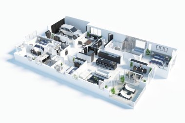 3d boyut üst görünüm bir ev planı. Açık kavramı oturma daire düzeni