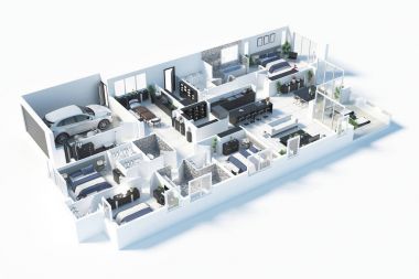 3d boyut üst görünüm bir ev planı. Açık kavramı oturma daire düzeni