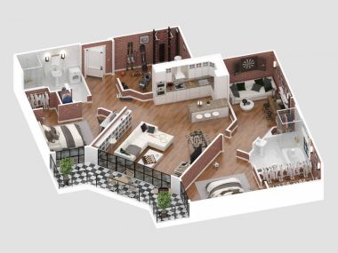 3d boyut üst görünüm bir ev planı. Açık kavramı oturma daire düzeni