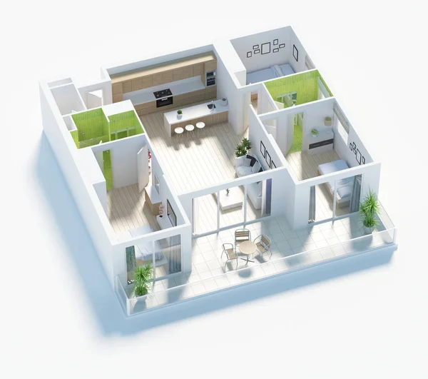 房屋顶部平面图3D 开放式概念生活公寓布局 — 图库照片