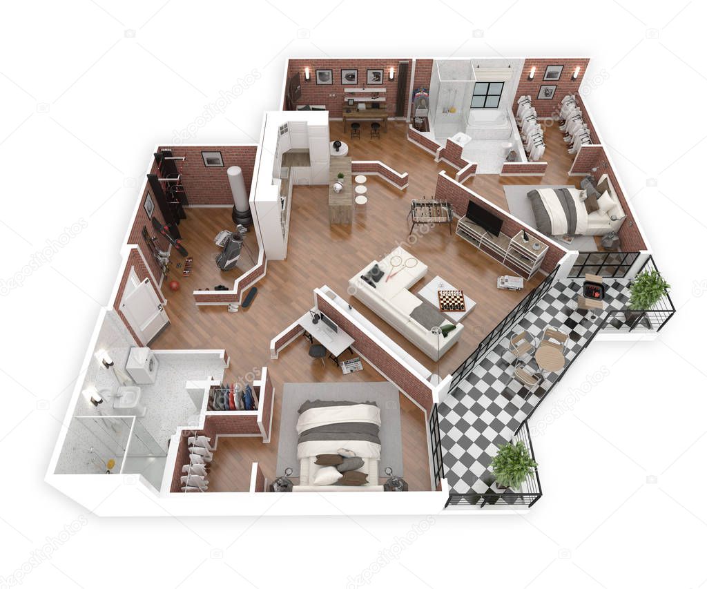 Floor plan of a house top view 3D illustration. Open concept living apartment layout